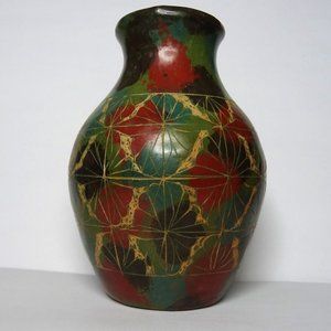 Red Clay Pottery Sponge Painted Etched Design 4.5" Tall MINT